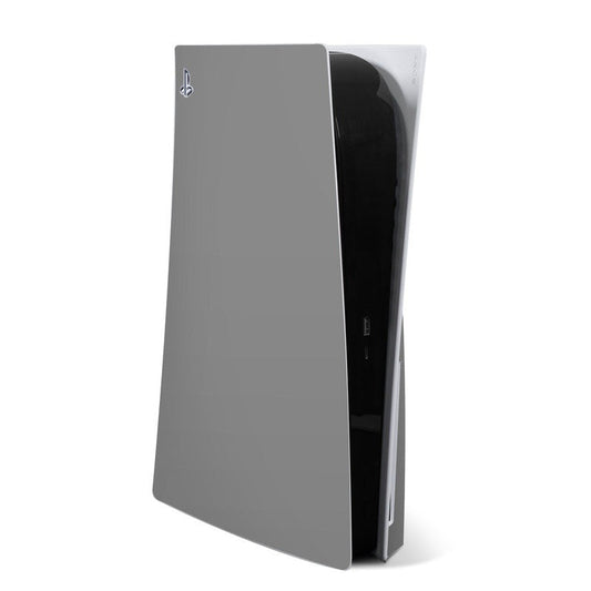 Sony PS5 skin in solid state grey, covering console side panel in angled view