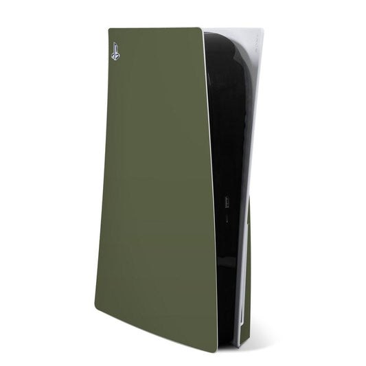Olive drab PS5 console skin with PlayStation logo on top edge