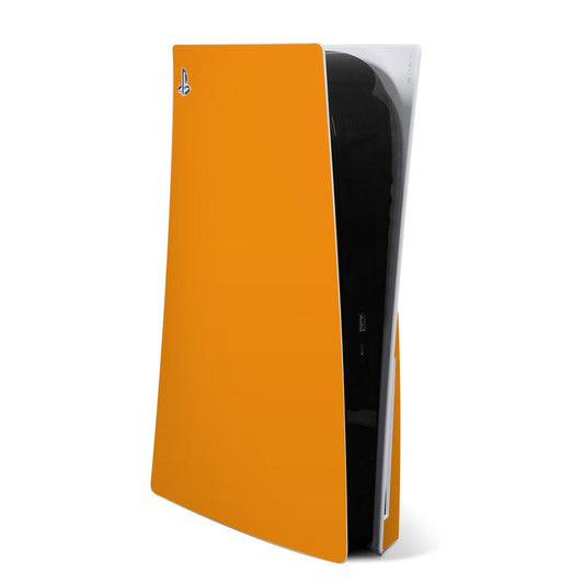 Orange PS5 console skin with PlayStation logo, side view