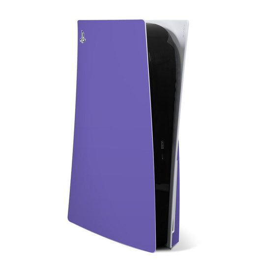 Purple PlayStation 5 console skin panel with PS logo, side view