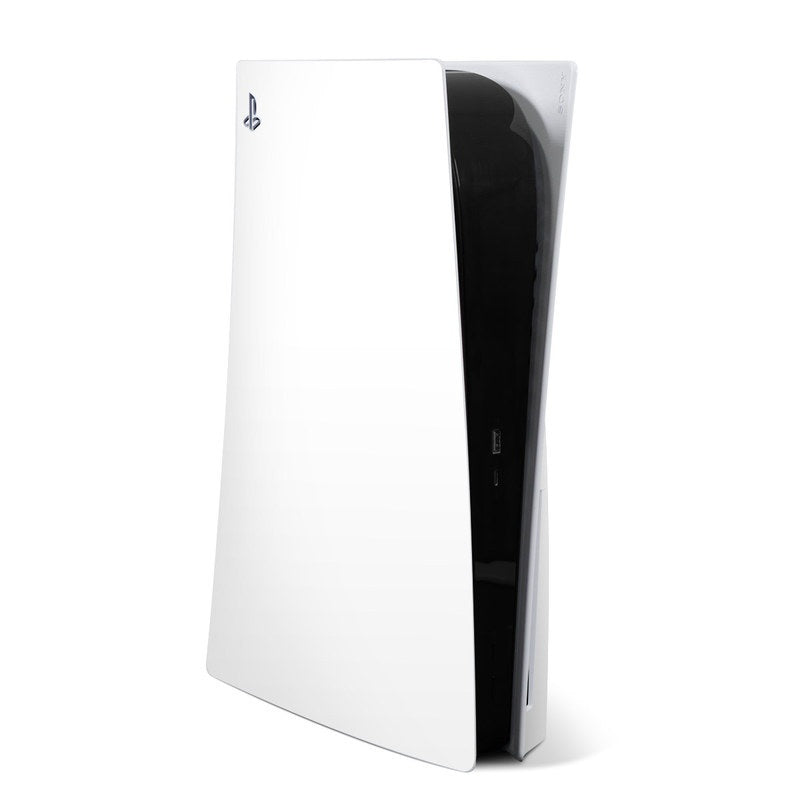 White PS5 console skin decal with cutouts for ports and logo on the side
