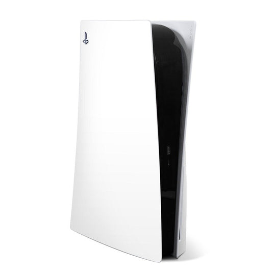 White PS5 console skin decal with cutouts for ports and logo on the side