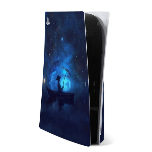 PS5 console skin with blue space galaxy design and character silhouette