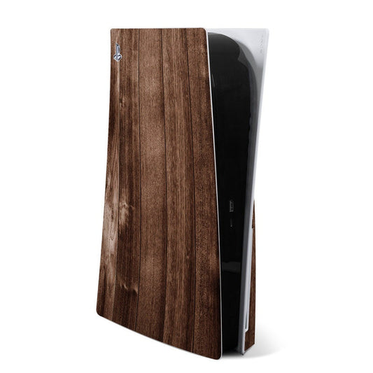 Stained wood grain PS5 skin panel wrap with vertical plank pattern for console