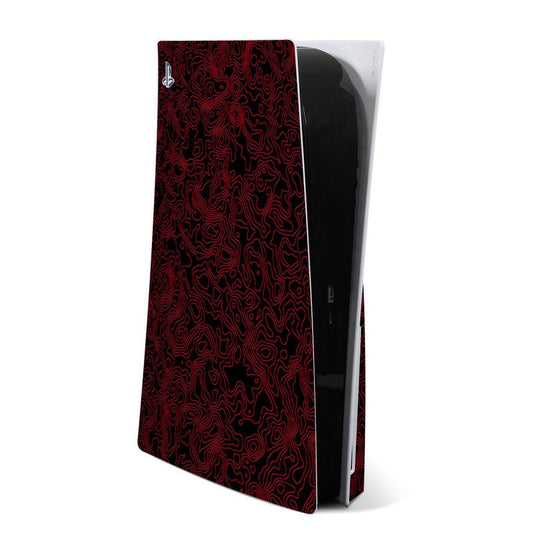 Sony PS5 skin with red and dark abstract circuit pattern, fitted cover for console front