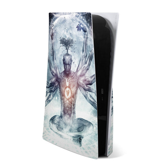 PS5 console skin with blue fantasy astronaut figure and glowing heart artwork