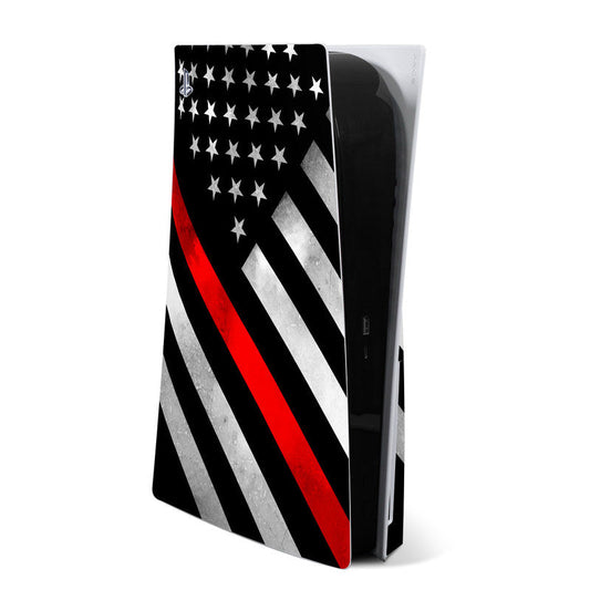 PS5 console skin with American flag stars and diagonal stripes, black white red