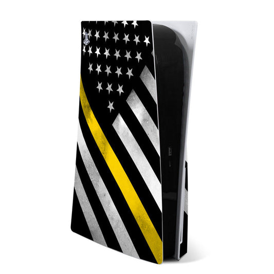 PS5 console skin with black flag design, yellow stripe, stars and diagonal gray stripes