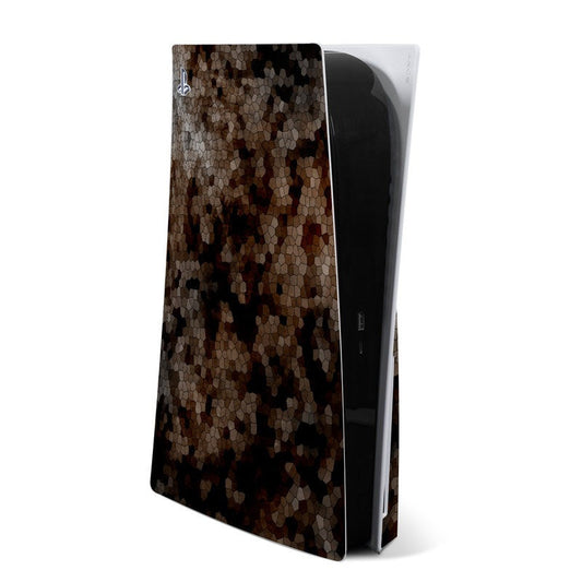 PS5 console skin with mosaic pattern in dark brown and black