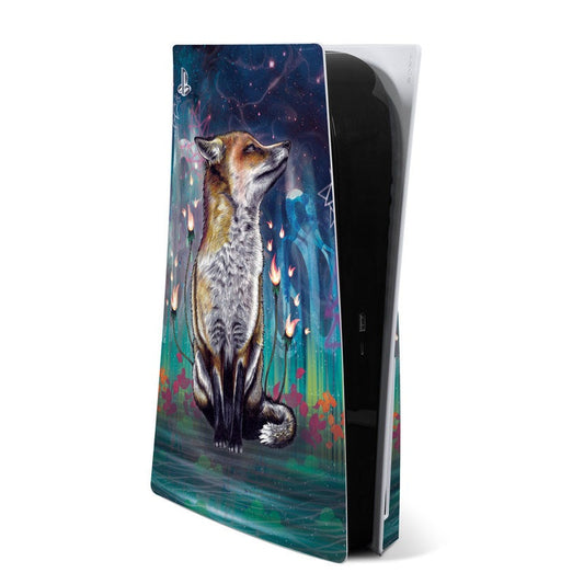PS5 console skin with cat and galaxy flames artwork on blue and teal background
