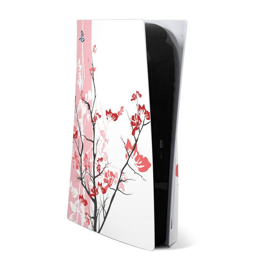 Sony PS5 console skin: white floral design with red branches and a pink side panel