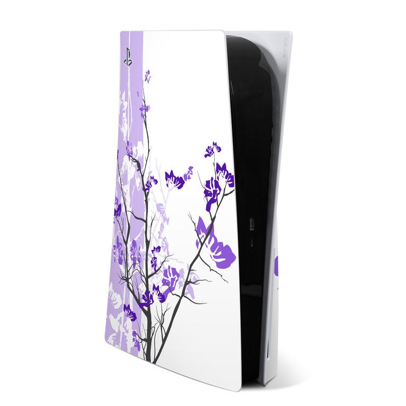 PS5 console skin with purple floral branches on white background