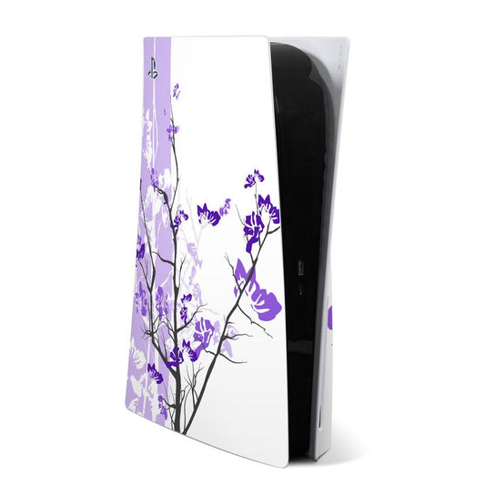 PS5 console skin with purple floral branches on white background