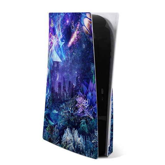 Transcension PS5 console skin with blue-purple space artwork wrap