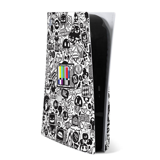 PlayStation 5 skin with black-and-white doodle graphic and small rainbow stripe