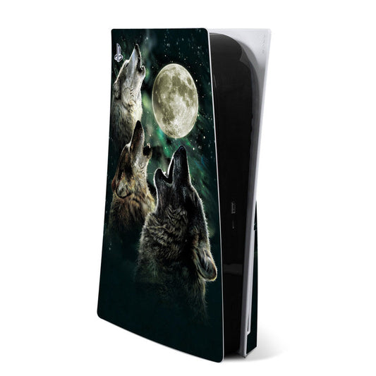 PlayStation 5 console skin with three wolf illustration and full moon graphic