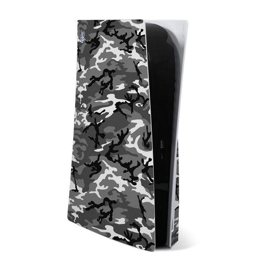 Sony PS5 skin with gray and black urban camo pattern