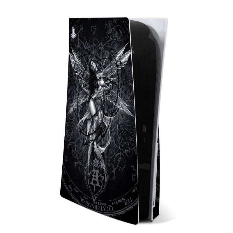 PlayStation 5 console skin with dark fantasy angel graphic, black and gray artwork