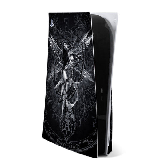 PlayStation 5 console skin with dark fantasy angel graphic, black and gray artwork