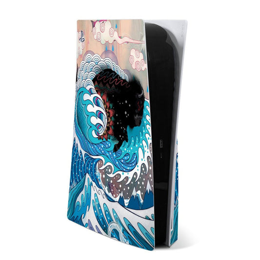 Unstoppabull PS5 skin with colorful wave and character graphic on black console side