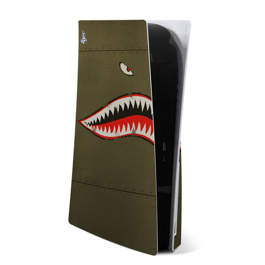 PS5 console skin, olive green shark-mouth graphic with red teeth