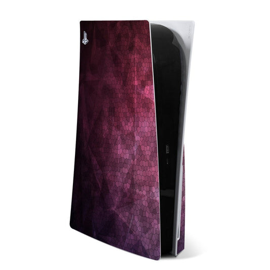 Sony PS5 skin with dark maroon and purple scale pattern, glossy protective cover