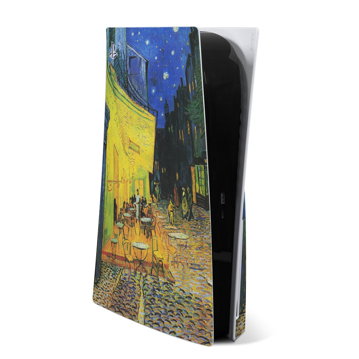PS5 console skin with cafe terrace night artwork, blue and yellow
