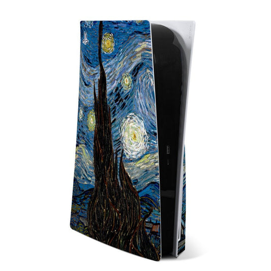 PS5 skin decal with Starry Night blue swirling artwork on a glossy panel