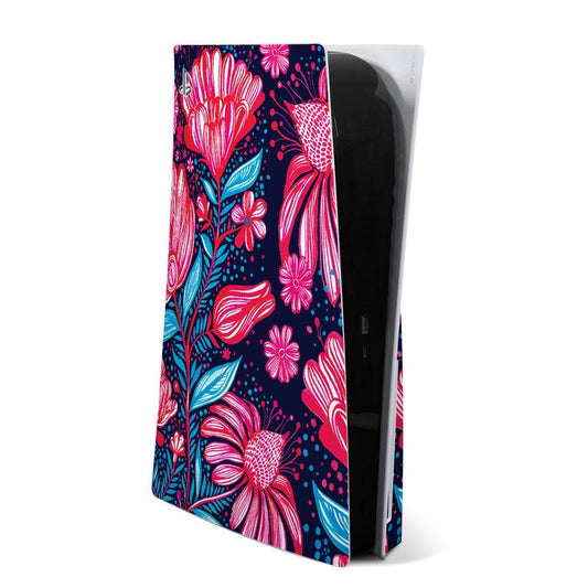 PS5 console skin with vibrant pink and blue floral pattern on dark base