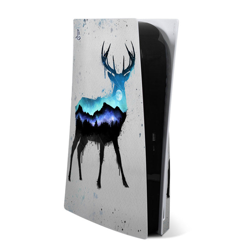 PlayStation 5 skin with blue antlered character graphic on light gray, full-body wrap
