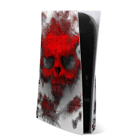 Sony PS5 skin with War Light skull design, red splatter and black accents on gray base