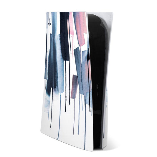PS5 skin with watery stripe design in blue, pink, and black
