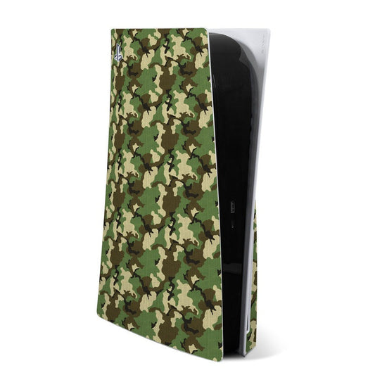 PlayStation 5 skin with woodland camouflage pattern, flat cover for console panel