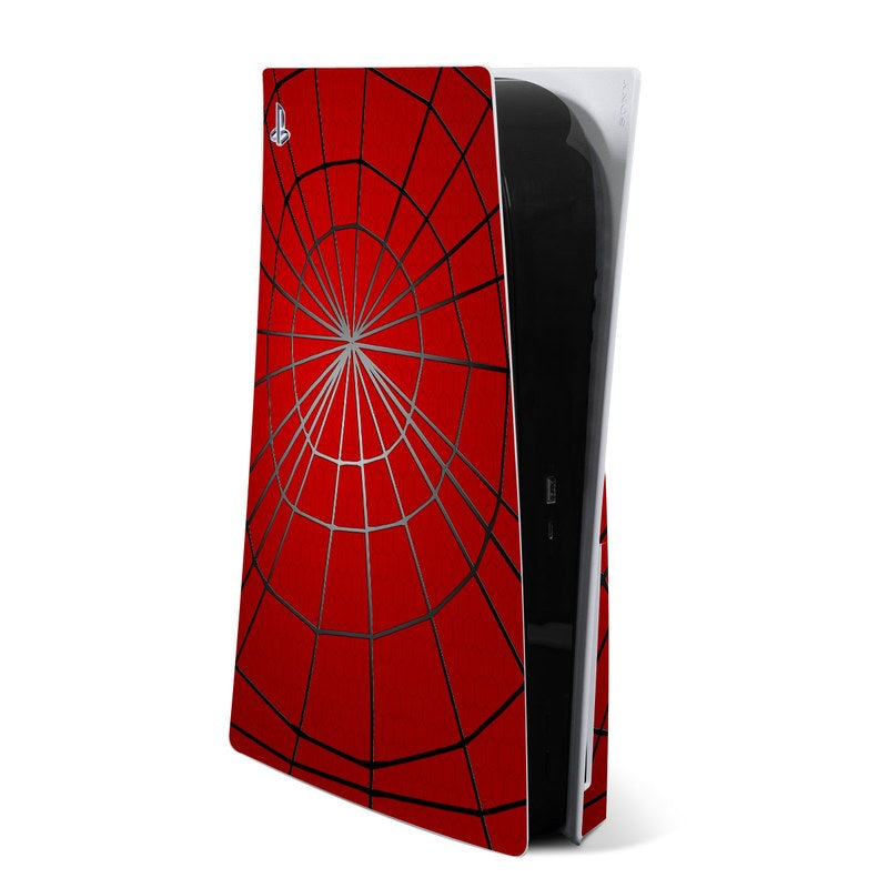 PS5 skin with red spiderweb pattern and black console side accents