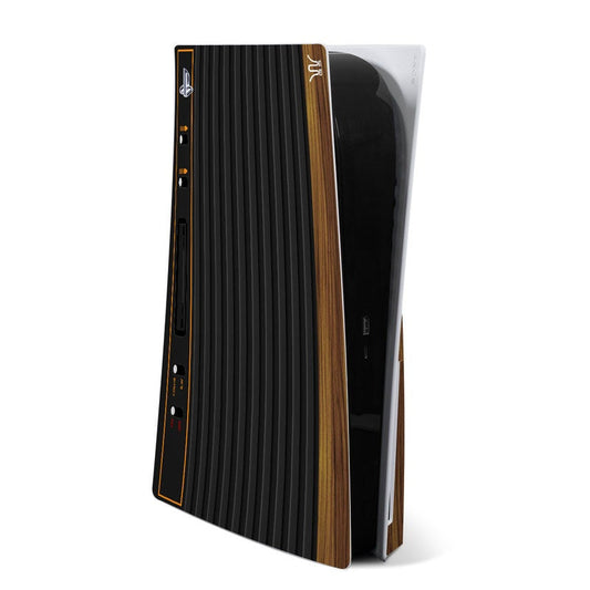 Wood-grain PS5 skin with black vertical stripes and cutout ports