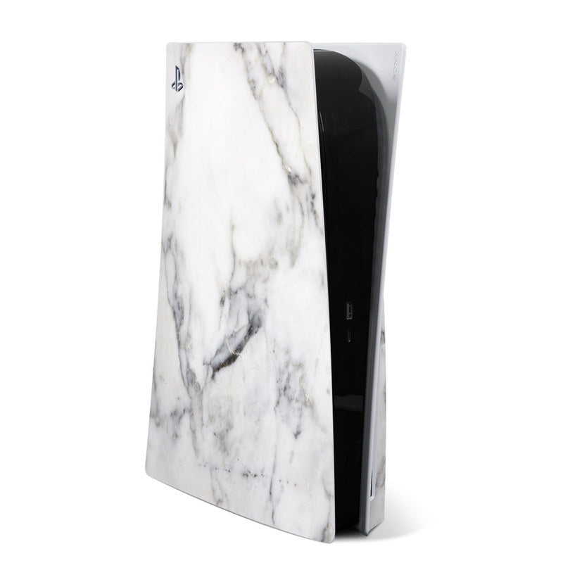 White marble PS5 skin with black side panel, designed for Sony PlayStation 5