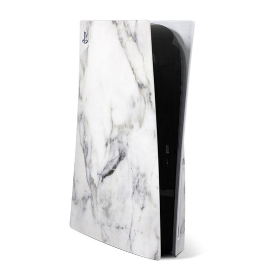 White marble PS5 skin with black side panel, designed for Sony PlayStation 5