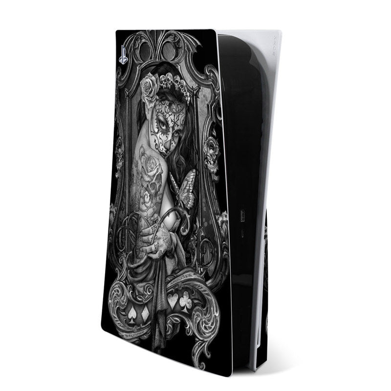PS5 console skin with black and gray gothic woman illustration, ornate scrollwork