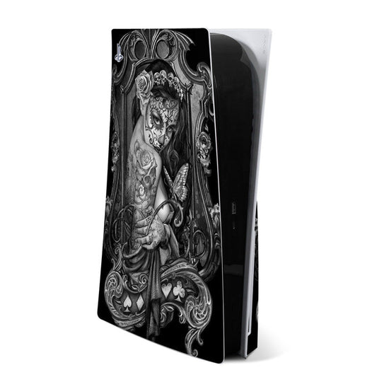 PS5 console skin with black and gray gothic woman illustration, ornate scrollwork