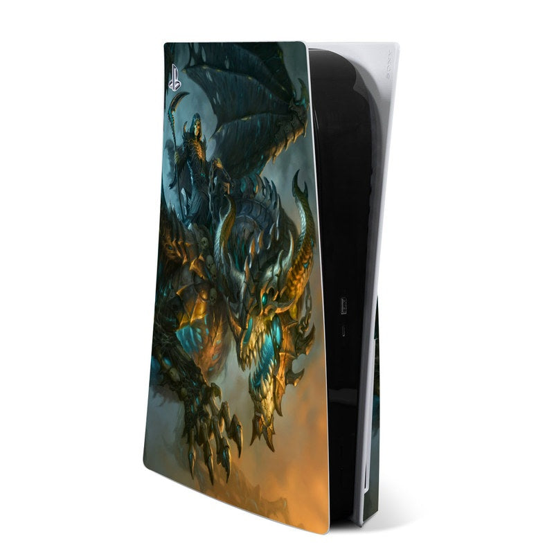 PS5 console skin with teal and gold winged dragon artwork