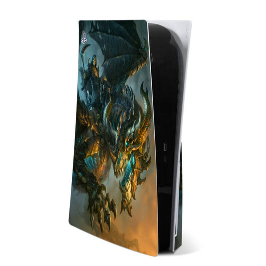 PS5 console skin with teal and gold winged dragon artwork