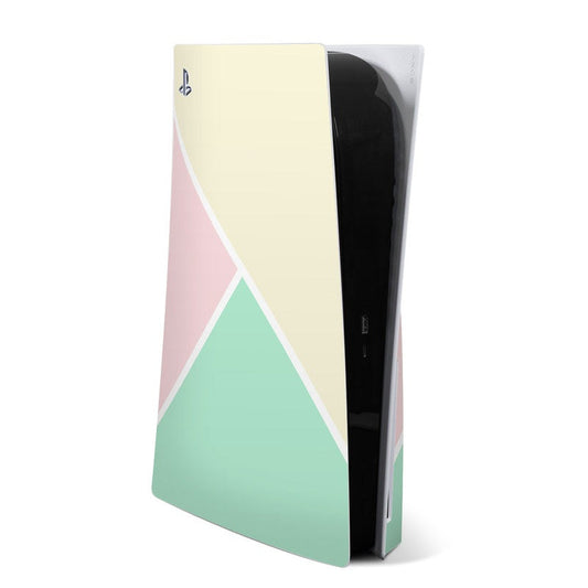 Wish Sony PS5 skin with pastel geometric triangles, cream, pink, and mint accents