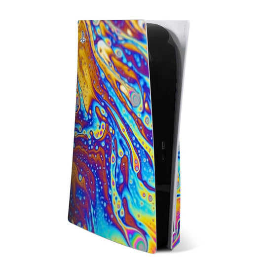 PS5 console skin with colorful abstract swirl pattern and PlayStation logo on edge