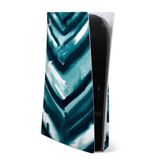 Sony PS5 skin with teal watercolor chevron pattern, covers console front and side.