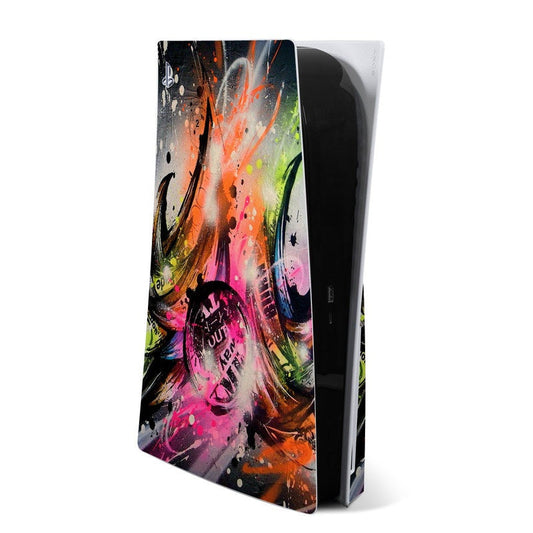 Sony PS5 console skin with colorful graffiti-style artwork, full front cover.