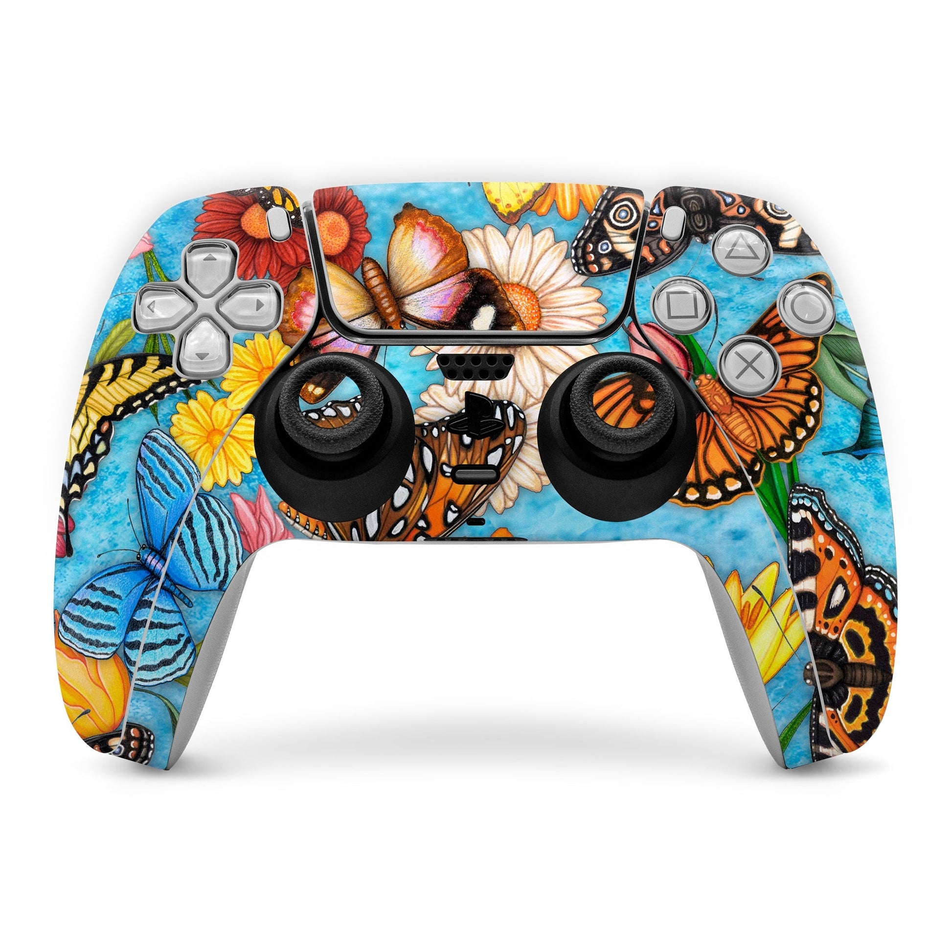 PS5 controller skin with colorful butterfly and floral artwork, full wrap design