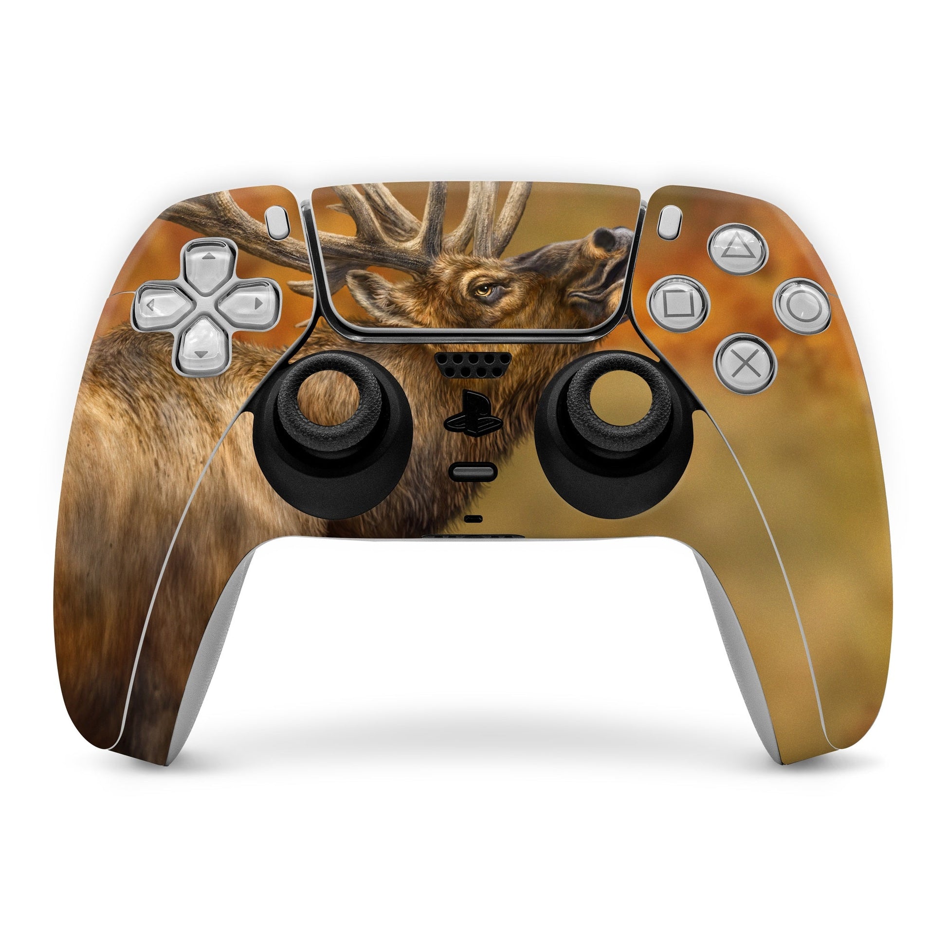 Sony PS5 controller skin with brown animal face design and gold accents on front.