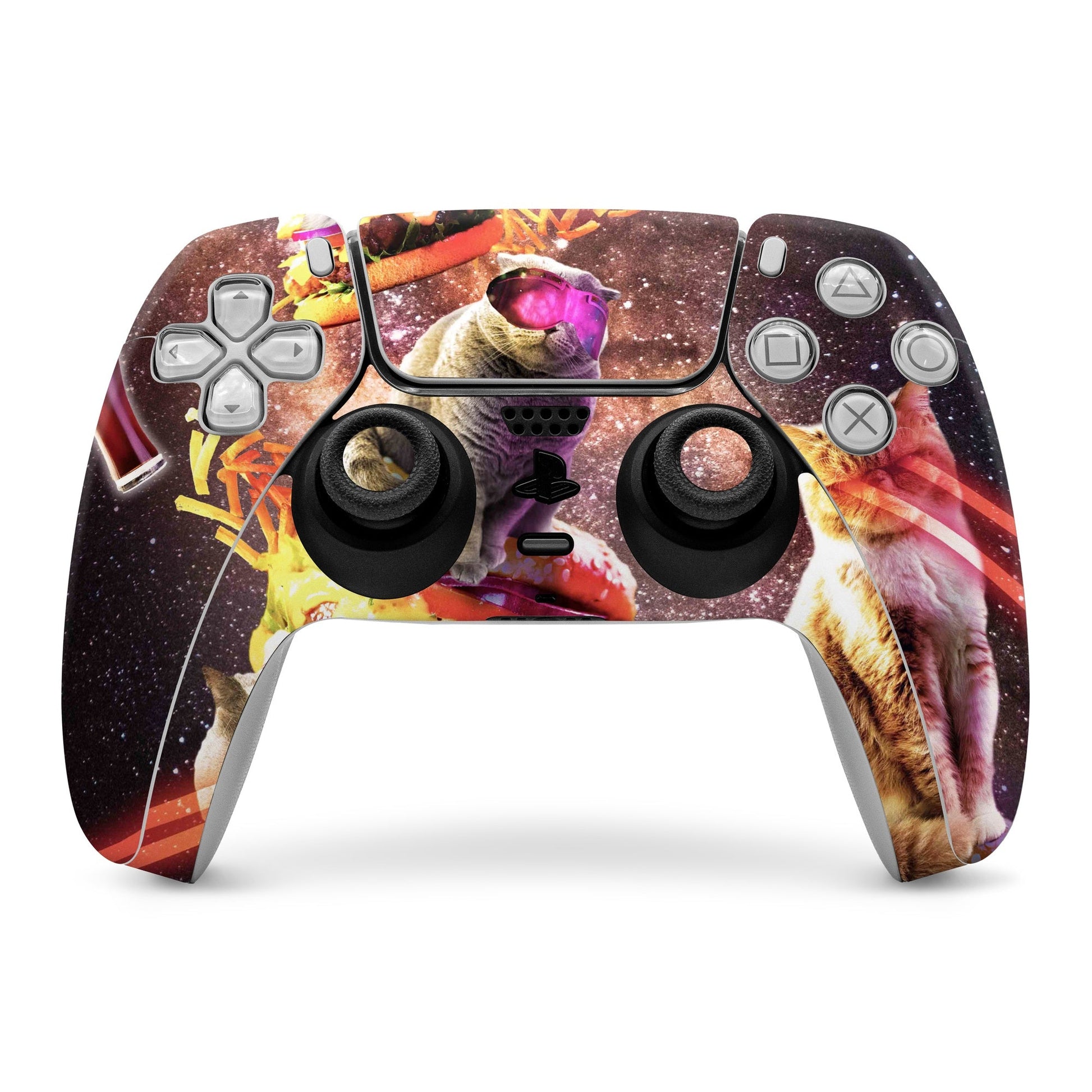 PS5 controller skin with colorful cat and gamepad buttons, maroon and purple design
