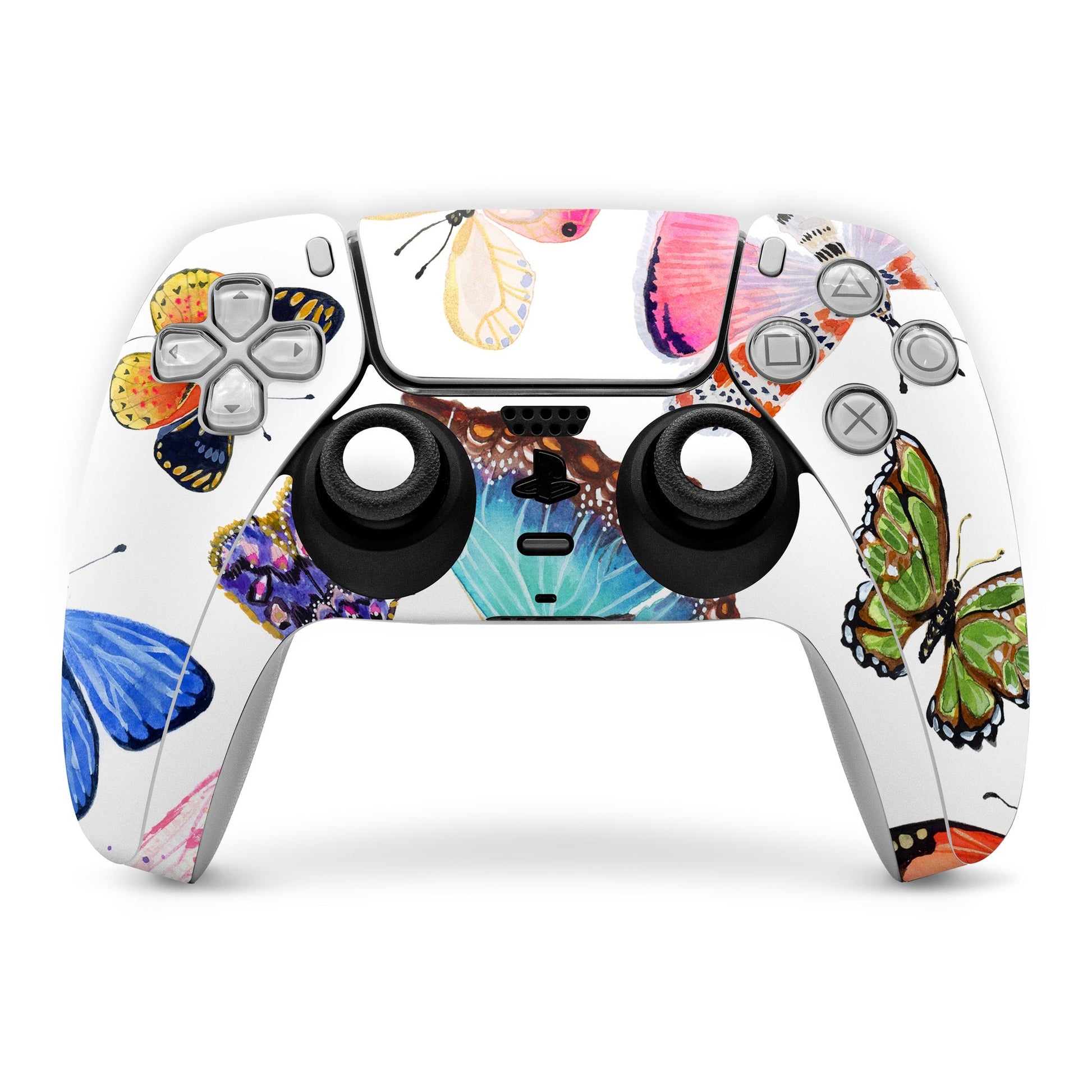 PS5 controller skin with colorful butterfly scatter design on the front