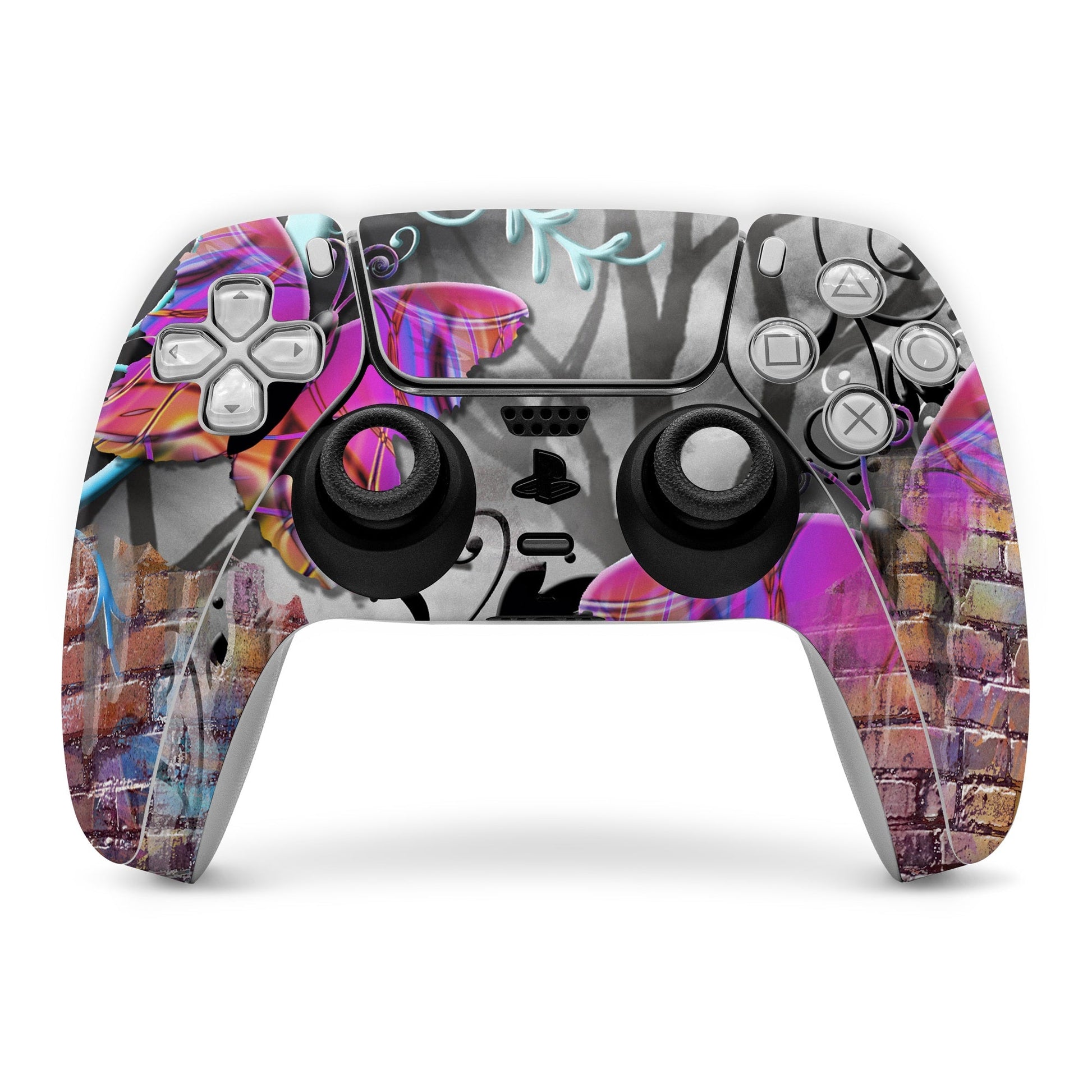 PS5 controller skin with colorful butterfly graffiti pattern and black button layout